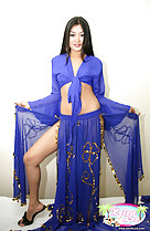 Playing with blue robe wearing high heels