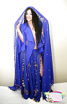 Keira Lee covered up in blue robe