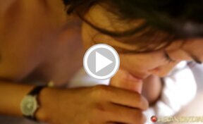 LBFM Nabb lying on bed naked in high heels sucking cock and balls